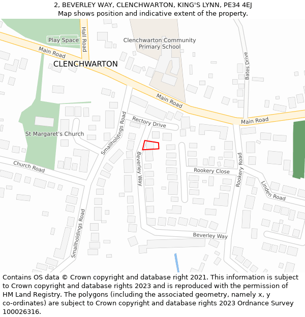 2, BEVERLEY WAY, CLENCHWARTON, KING'S LYNN, PE34 4EJ: Location map and indicative extent of plot