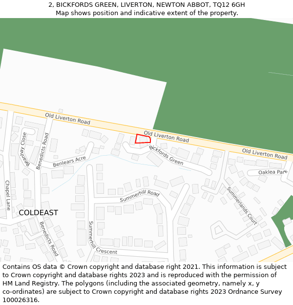 2, BICKFORDS GREEN, LIVERTON, NEWTON ABBOT, TQ12 6GH: Location map and indicative extent of plot