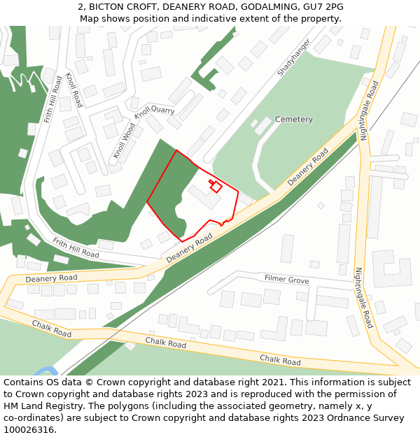 2, BICTON CROFT, DEANERY ROAD, GODALMING, GU7 2PG: Location map and indicative extent of plot