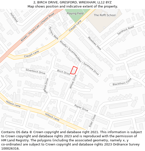 2, BIRCH DRIVE, GRESFORD, WREXHAM, LL12 8YZ: Location map and indicative extent of plot