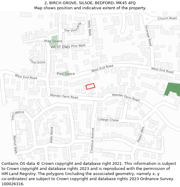 2, BIRCH GROVE, SILSOE, BEDFORD, MK45 4FQ: Location map and indicative extent of plot