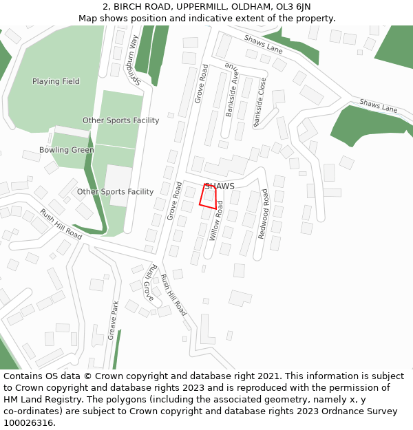 2, BIRCH ROAD, UPPERMILL, OLDHAM, OL3 6JN: Location map and indicative extent of plot