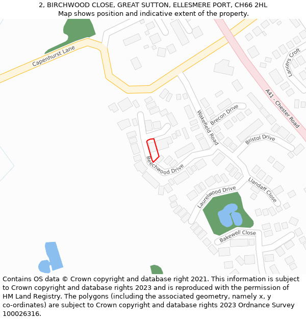 2, BIRCHWOOD CLOSE, GREAT SUTTON, ELLESMERE PORT, CH66 2HL: Location map and indicative extent of plot