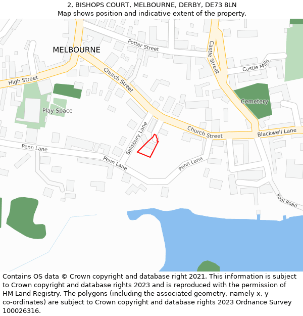 2, BISHOPS COURT, MELBOURNE, DERBY, DE73 8LN: Location map and indicative extent of plot