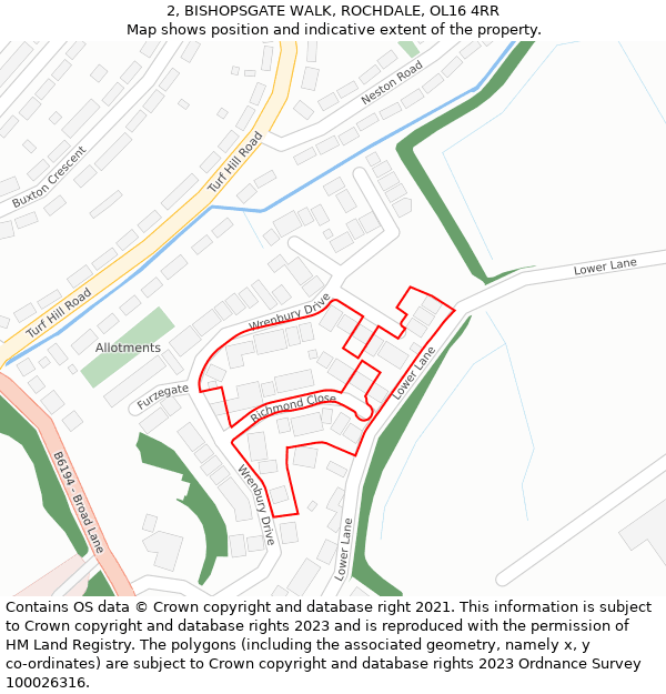 2, BISHOPSGATE WALK, ROCHDALE, OL16 4RR: Location map and indicative extent of plot