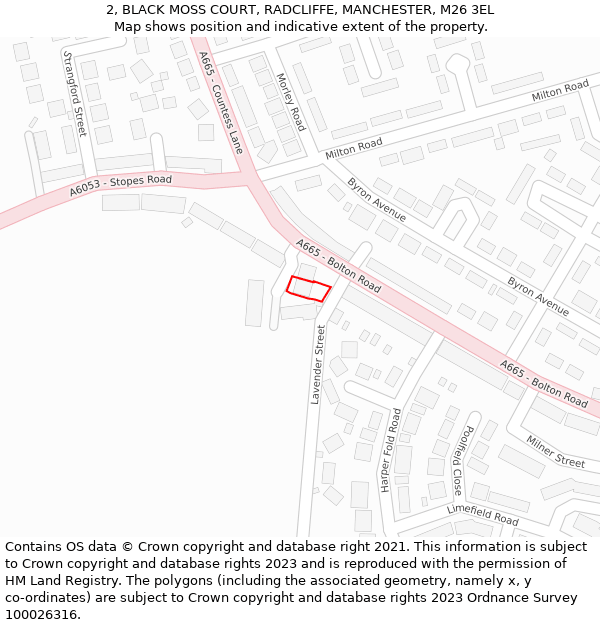 2, BLACK MOSS COURT, RADCLIFFE, MANCHESTER, M26 3EL: Location map and indicative extent of plot