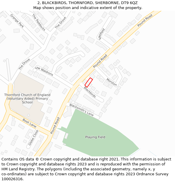 2, BLACKBIRDS, THORNFORD, SHERBORNE, DT9 6QZ: Location map and indicative extent of plot