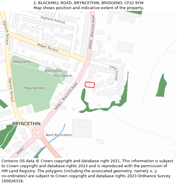 2, BLACKMILL ROAD, BRYNCETHIN, BRIDGEND, CF32 9YW: Location map and indicative extent of plot