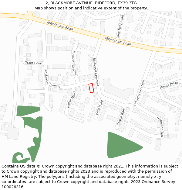 2, BLACKMORE AVENUE, BIDEFORD, EX39 3TG: Location map and indicative extent of plot