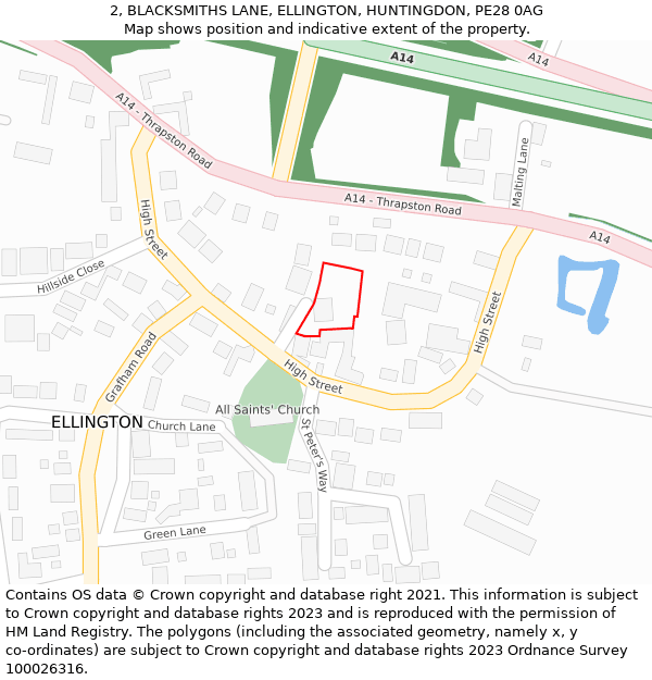 2, BLACKSMITHS LANE, ELLINGTON, HUNTINGDON, PE28 0AG: Location map and indicative extent of plot