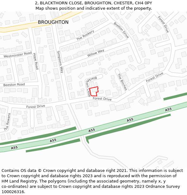 2, BLACKTHORN CLOSE, BROUGHTON, CHESTER, CH4 0PY: Location map and indicative extent of plot