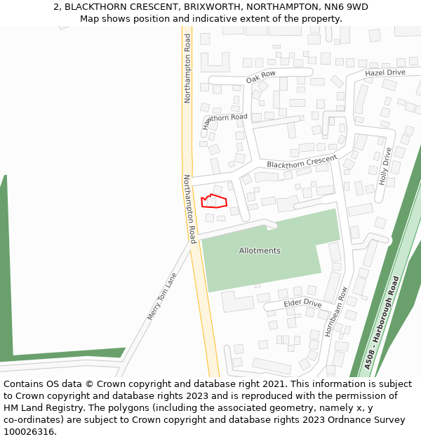 2, BLACKTHORN CRESCENT, BRIXWORTH, NORTHAMPTON, NN6 9WD: Location map and indicative extent of plot