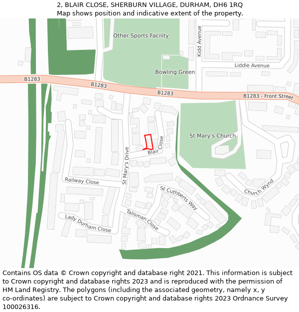 2, BLAIR CLOSE, SHERBURN VILLAGE, DURHAM, DH6 1RQ: Location map and indicative extent of plot