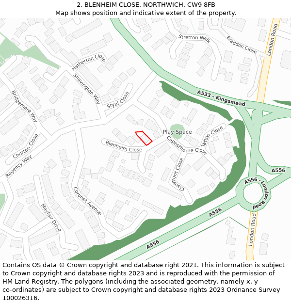 2, BLENHEIM CLOSE, NORTHWICH, CW9 8FB: Location map and indicative extent of plot