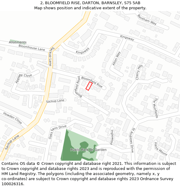2, BLOOMFIELD RISE, DARTON, BARNSLEY, S75 5AB: Location map and indicative extent of plot