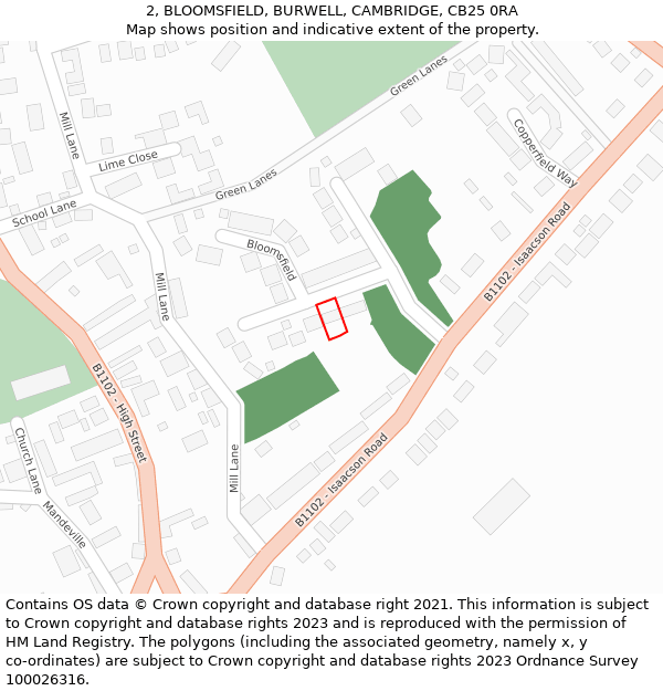 2, BLOOMSFIELD, BURWELL, CAMBRIDGE, CB25 0RA: Location map and indicative extent of plot