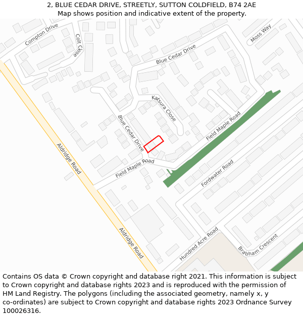 2, BLUE CEDAR DRIVE, STREETLY, SUTTON COLDFIELD, B74 2AE: Location map and indicative extent of plot