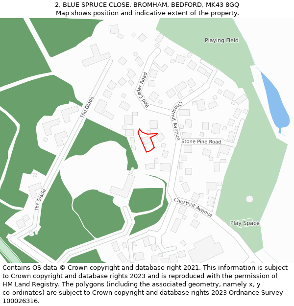 2, BLUE SPRUCE CLOSE, BROMHAM, BEDFORD, MK43 8GQ: Location map and indicative extent of plot