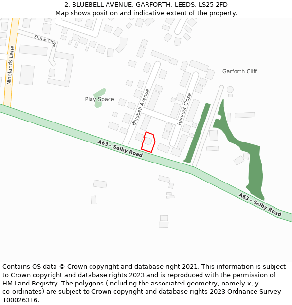 2, BLUEBELL AVENUE, GARFORTH, LEEDS, LS25 2FD: Location map and indicative extent of plot