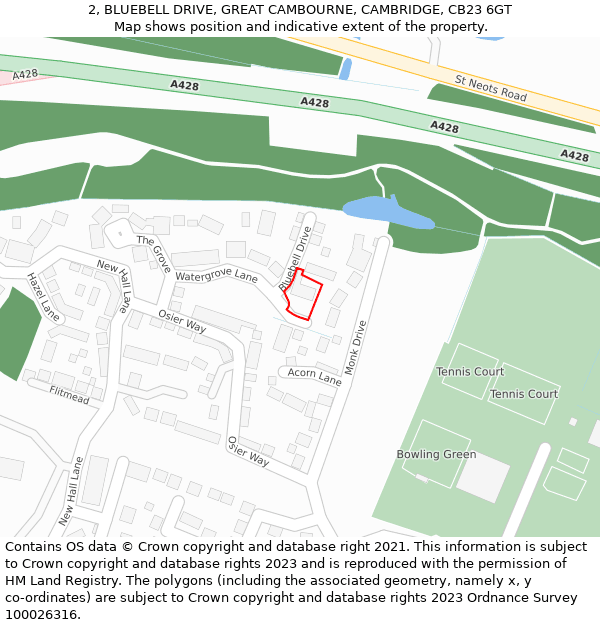 2, BLUEBELL DRIVE, GREAT CAMBOURNE, CAMBRIDGE, CB23 6GT: Location map and indicative extent of plot