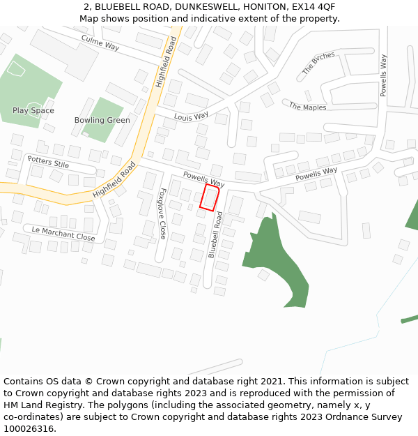 2, BLUEBELL ROAD, DUNKESWELL, HONITON, EX14 4QF: Location map and indicative extent of plot