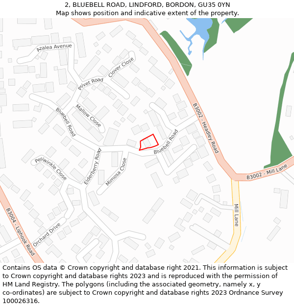 2, BLUEBELL ROAD, LINDFORD, BORDON, GU35 0YN: Location map and indicative extent of plot