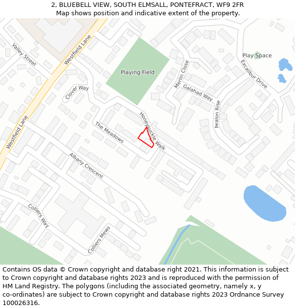 2, BLUEBELL VIEW, SOUTH ELMSALL, PONTEFRACT, WF9 2FR: Location map and indicative extent of plot