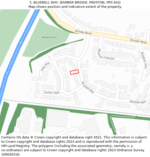 2, BLUEBELL WAY, BAMBER BRIDGE, PRESTON, PR5 6XQ: Location map and indicative extent of plot