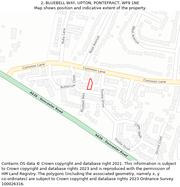 2, BLUEBELL WAY, UPTON, PONTEFRACT, WF9 1NE: Location map and indicative extent of plot