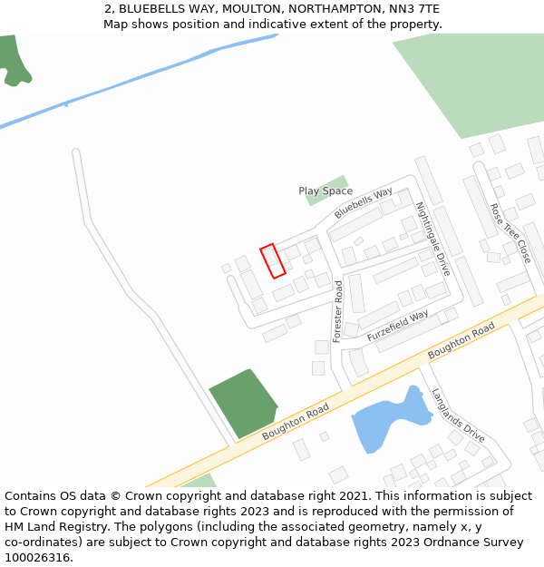 2, BLUEBELLS WAY, MOULTON, NORTHAMPTON, NN3 7TE: Location map and indicative extent of plot
