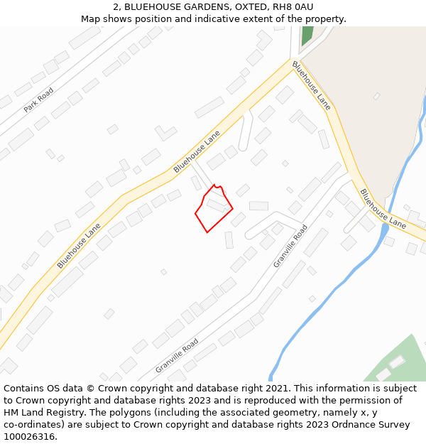 2, BLUEHOUSE GARDENS, OXTED, RH8 0AU: Location map and indicative extent of plot