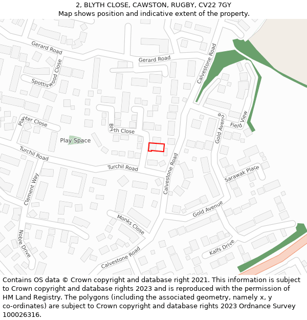 2, BLYTH CLOSE, CAWSTON, RUGBY, CV22 7GY: Location map and indicative extent of plot