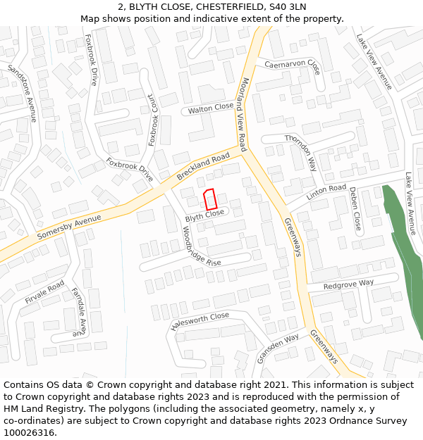 2, BLYTH CLOSE, CHESTERFIELD, S40 3LN: Location map and indicative extent of plot