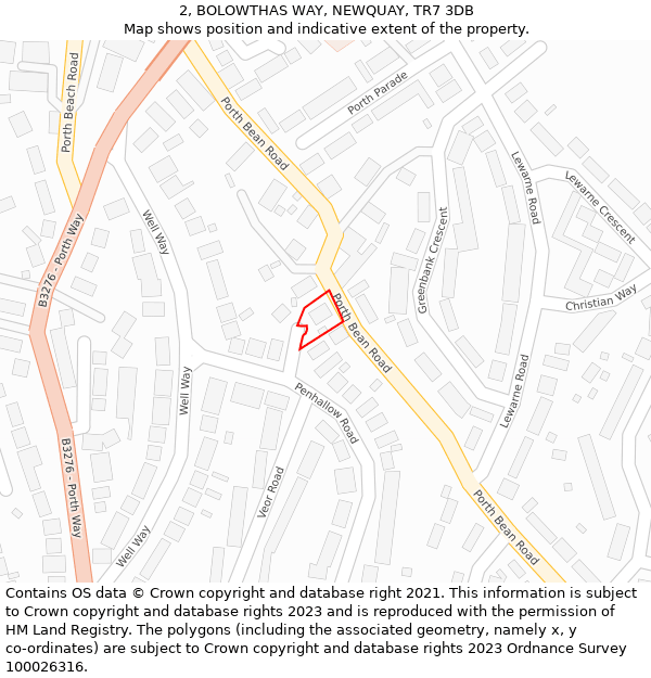 2, BOLOWTHAS WAY, NEWQUAY, TR7 3DB: Location map and indicative extent of plot