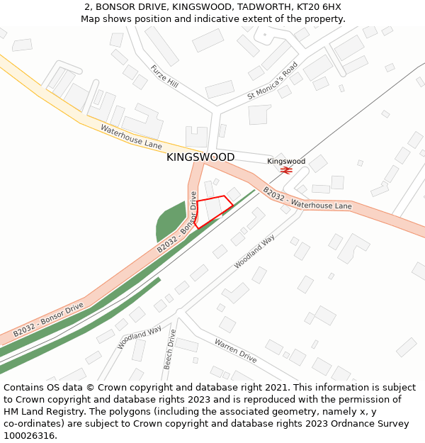 2, BONSOR DRIVE, KINGSWOOD, TADWORTH, KT20 6HX: Location map and indicative extent of plot