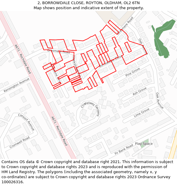 2, BORROWDALE CLOSE, ROYTON, OLDHAM, OL2 6TN: Location map and indicative extent of plot