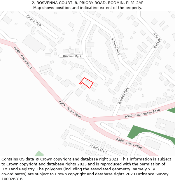 2, BOSVENNA COURT, 8, PRIORY ROAD, BODMIN, PL31 2AF: Location map and indicative extent of plot
