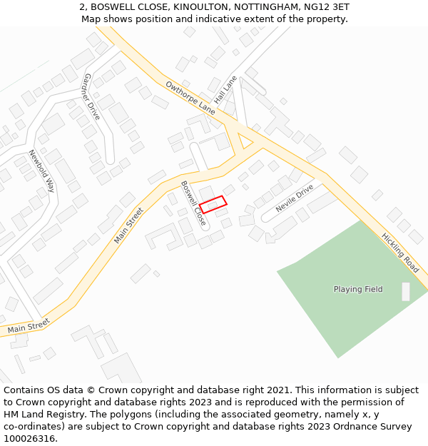 2, BOSWELL CLOSE, KINOULTON, NOTTINGHAM, NG12 3ET: Location map and indicative extent of plot