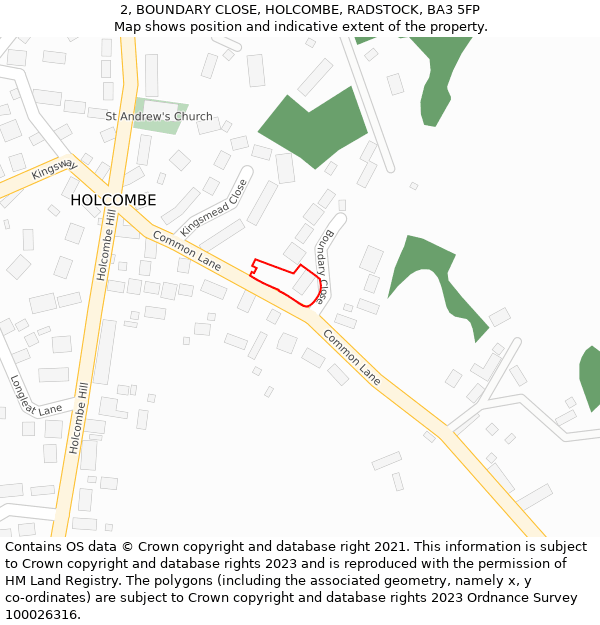 2, BOUNDARY CLOSE, HOLCOMBE, RADSTOCK, BA3 5FP: Location map and indicative extent of plot