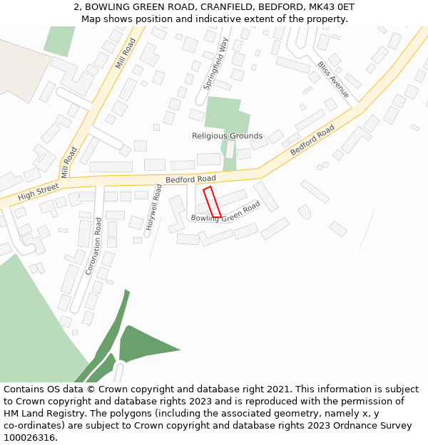2, BOWLING GREEN ROAD, CRANFIELD, BEDFORD, MK43 0ET: Location map and indicative extent of plot