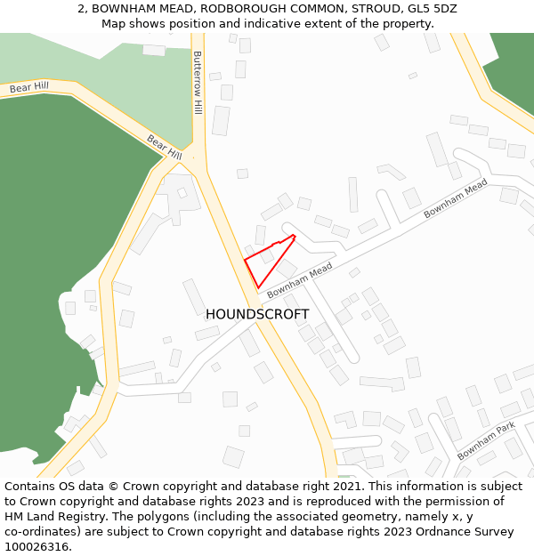2, BOWNHAM MEAD, RODBOROUGH COMMON, STROUD, GL5 5DZ: Location map and indicative extent of plot