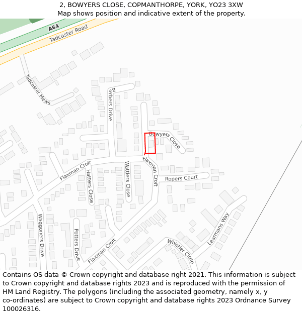 2, BOWYERS CLOSE, COPMANTHORPE, YORK, YO23 3XW: Location map and indicative extent of plot