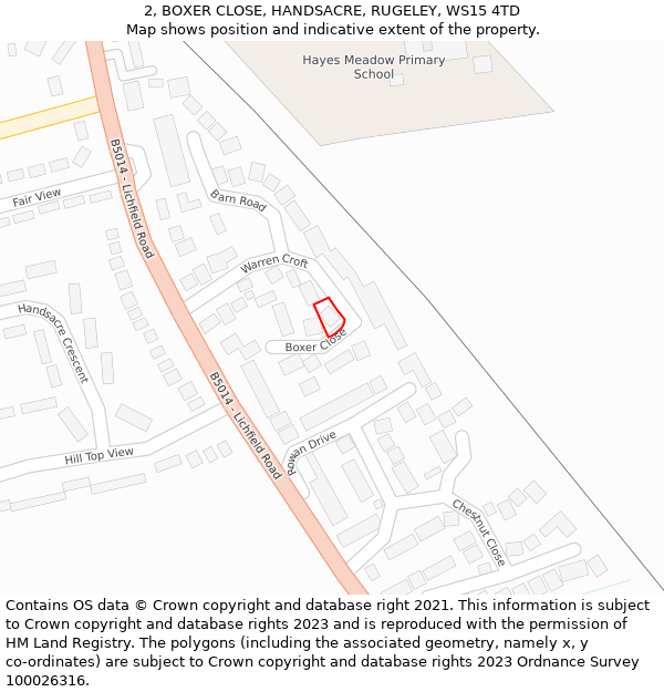 2, BOXER CLOSE, HANDSACRE, RUGELEY, WS15 4TD: Location map and indicative extent of plot