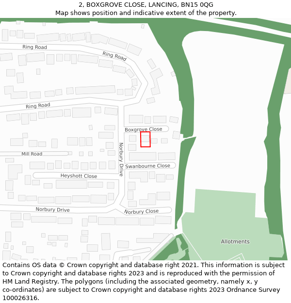 2, BOXGROVE CLOSE, LANCING, BN15 0QG: Location map and indicative extent of plot