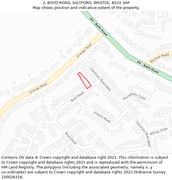 2, BOYD ROAD, SALTFORD, BRISTOL, BS31 3AP: Location map and indicative extent of plot