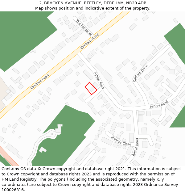 2, BRACKEN AVENUE, BEETLEY, DEREHAM, NR20 4DP: Location map and indicative extent of plot