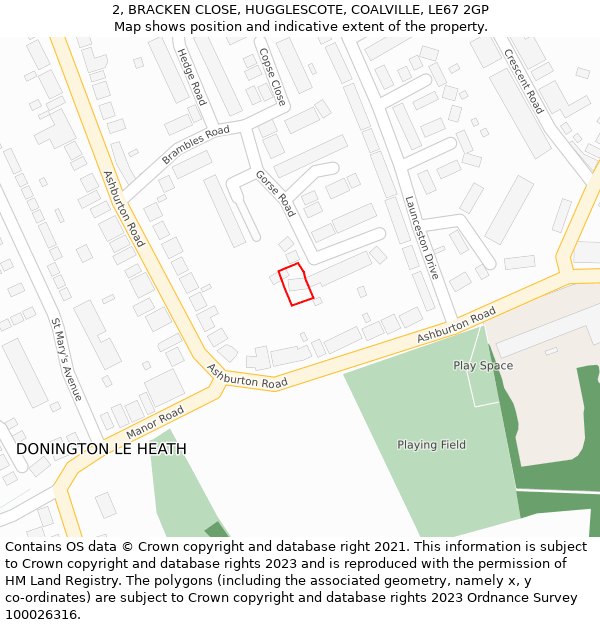 2, BRACKEN CLOSE, HUGGLESCOTE, COALVILLE, LE67 2GP: Location map and indicative extent of plot