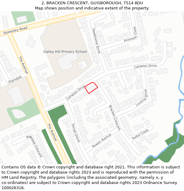 2, BRACKEN CRESCENT, GUISBOROUGH, TS14 8DU: Location map and indicative extent of plot