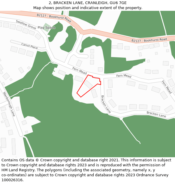 2, BRACKEN LANE, CRANLEIGH, GU6 7GE: Location map and indicative extent of plot