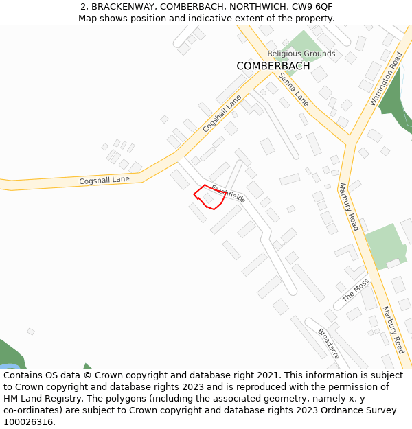 2, BRACKENWAY, COMBERBACH, NORTHWICH, CW9 6QF: Location map and indicative extent of plot